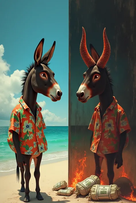 The left half of page is the profile of a donkey facing the center of page, donkey wearing aloha shirt, background is a beach. The right half of page, large mirror and reflection of the donkey, the reflection donkey is evil, has red eyes and horns, theres ...