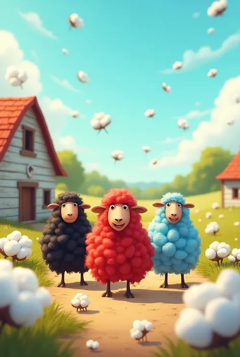 A cartoon theme farm house in which a black sheep  a red sheep,and a blue sheep are standing in a que and different colors   many many  pieces of cotton flying in the Air around them and sheep are dancing with joy.