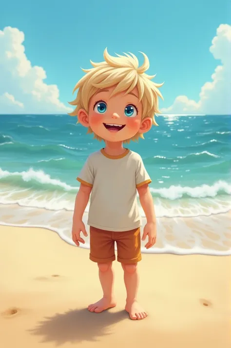 Six-year-old white-blond boy with blue eyes on the beach 
