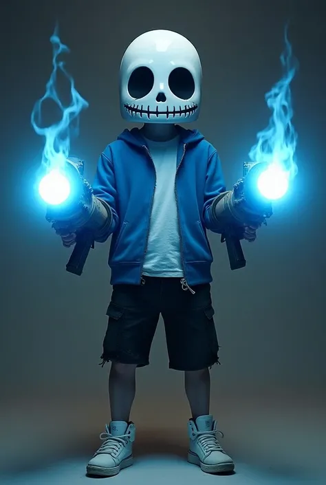  Generate an image with the following description : 
 A teenager is dressed as Sans ,  the iconic character from the video game Undertale .  He wears a blue hoodie ,  carries open on a simple white t-shirt ,  carries with him combined with black shorts and...