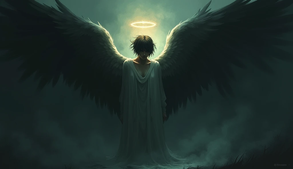 An angel fallen in the midst of darkness, who has short hair ,  and that the environment is densely dark 