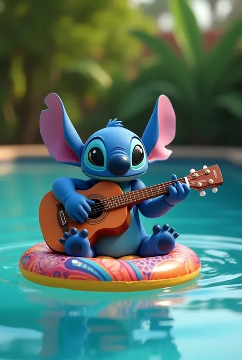 Stitch on a float playing guitar in a pool looking straight ahead 