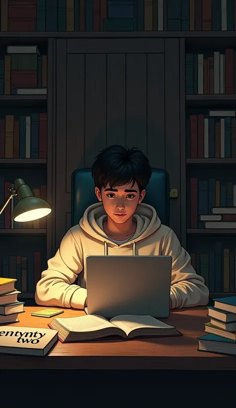 A young man sits at a wooden desk in a dimly lit room, the atmosphere heavy with contemplation. The only source of light is a soft, warm glow from a small desk lamp, casting gentle shadows across the space. He wears a cream-colored hoodie, the fabric sligh...