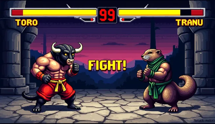 A retro-style pixel art scene resembling Mortal Kombat II, featuring a bull and an otter as the main characters. The bull, named "Toro," stands on the left side in a strong combat pose, wearing red fighting pants with gold accents. The bull is muscular and...