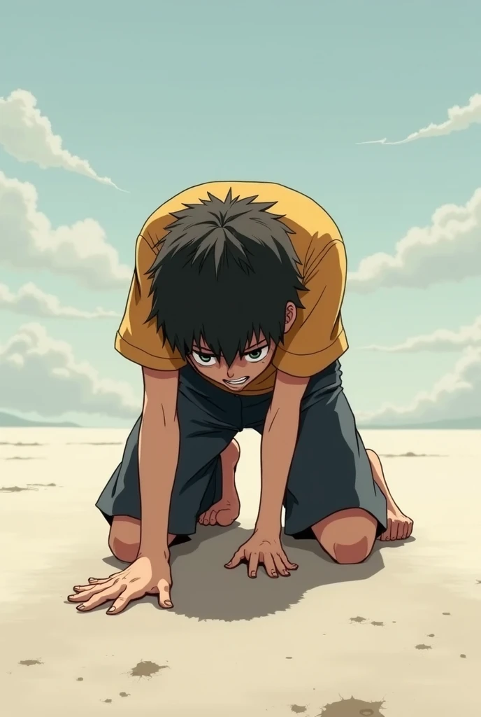  Anime A desperate boy on a knee, by tapping the Sol, Head down,￼anime￼