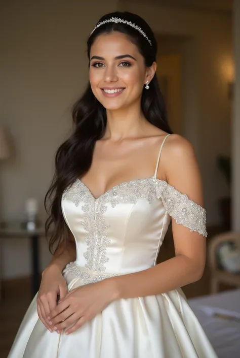 Realistic full body portrait of a young italien black haired bride aged 23 with long hair, ponytail, hairband, necklace, smile. She poses in front of the camera in a satin A-line weddingdress with off shoulder straps..., schöne verzierung im satin Fabric, ...