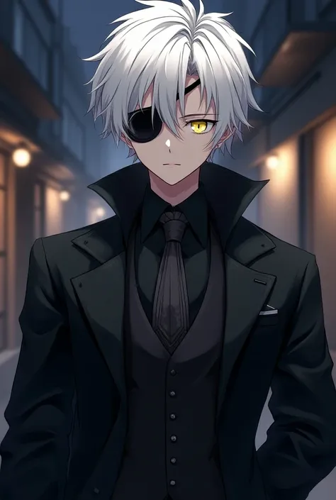 Anime, male, white hair, yellow eyes, eye patch on his right eye, stylish clothes