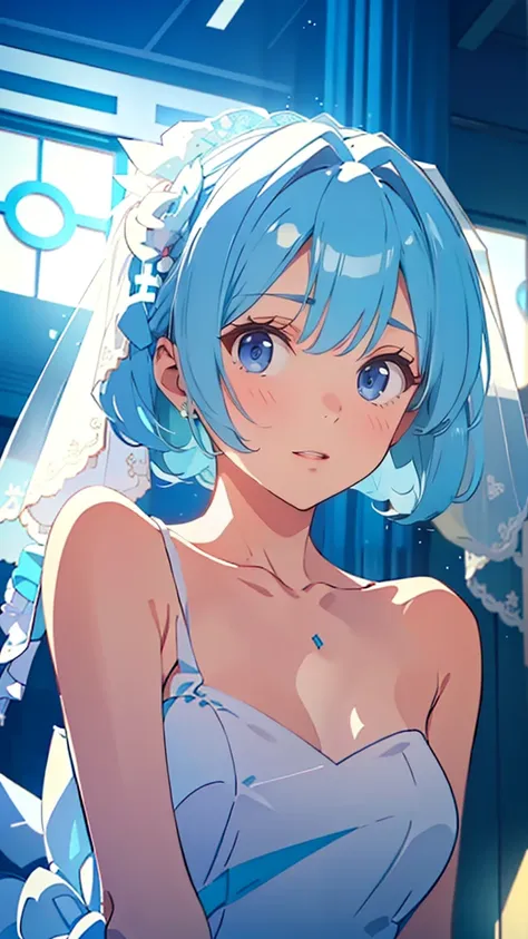 ( hatsune miku:1.3)、（sitting:1.5）、(( white wedding dress 、 wedding veil:1.5))、(very flat chest:1.3)、 1 girl, alone, colorful, re...