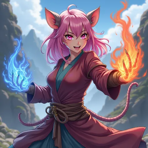 Monk woman, Wererat lycanthroph, Pink hair, anime style, beautiful but fierce, martial arts combat position, sharped teeth, perfect pink eyes, perfect detailed hands with sharped claws, fire in right hand, blue energy in left hand, elemental energy emanati...