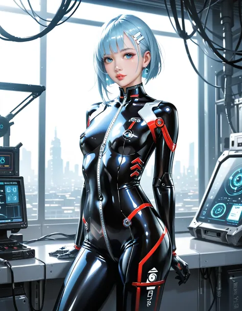 (masterpiece, best quality), 8K Ultra HD, Cowboy shot, high resolution, photo realistic, 1 mechanical cyberpunk girl soldier, beautiful face, sexy body, small breasts, fair or light skin tones, which may appear pale, Chinese skin tone, light blue eyes, ext...