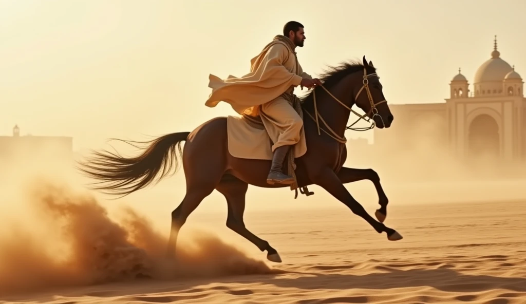 On ne doit voir que la queue du cheval larrière train du cheval avec un chevalier arabe de couleur noi sur le dos vêtu dune tunique  beige emporté par le vent le sable sur les côté qui monte par le vent devant lui lentré dune ville nous somme en lan 1400 a...