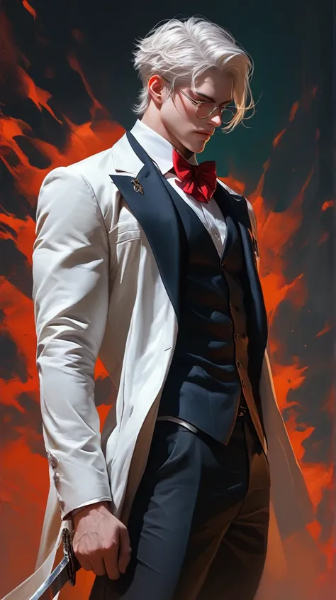 "Create a hyperrealistic anime-style character of Colonel Sanders reimagined as a wise elder warrior. He has slicked-back white hair and wears stylish glasses. His outfit is a tailored white suit with a striking red bow tie. The character is muscular, stan...