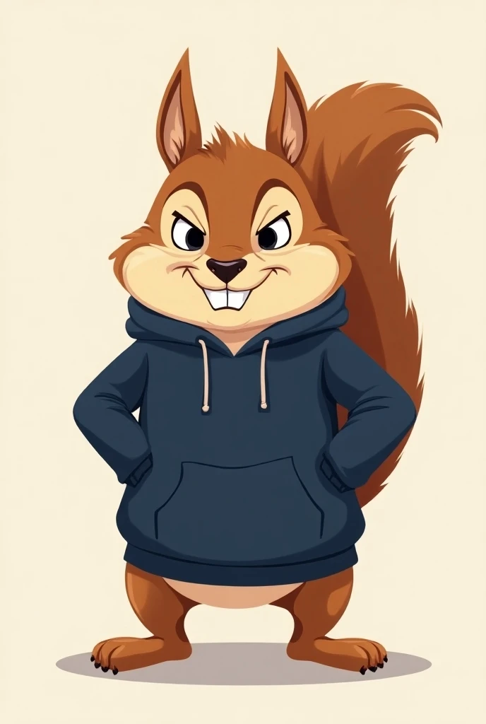 cartoon squirrel , The squirrel will be a ,  wearing a school-style navy blue sweatshirt, Make him look a little rude 



