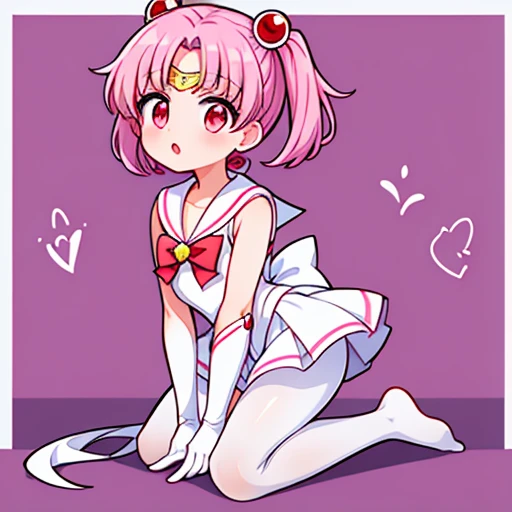  Sailor Moon ，Cute little，Pink twin ponytails，Short hair，Red Eyes， white elbow gloves ， red dress ，No shoes， White Pantyhose ， Open your mouth ，Kneel down，Short legs