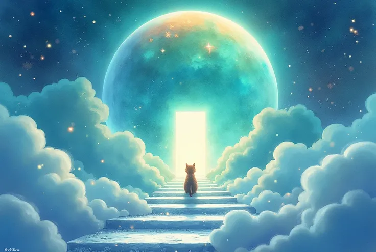 (( best quality )), planet、beautiful、watercolor style、 The background is a shining star、 and has a fluffy atmosphere、colorful、Gentle colors、Sparkle、Enveloped in light、 light blue 、 light emerald、bright、heaven、There is a door at the end of the stairs 、 The ...