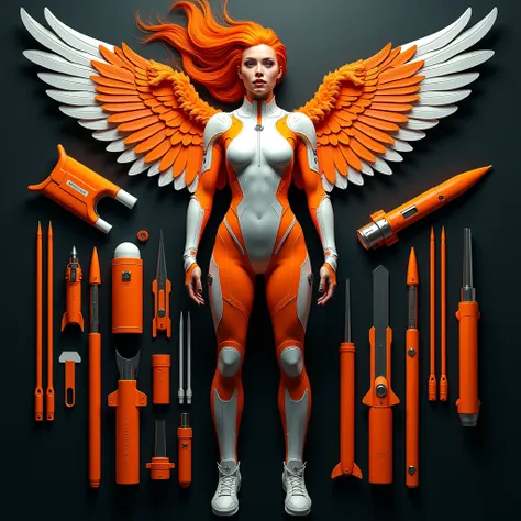 photorealistic top-bottom view of orange and white outfit cyber battle busty angel wings woman athletic body and beauty european...