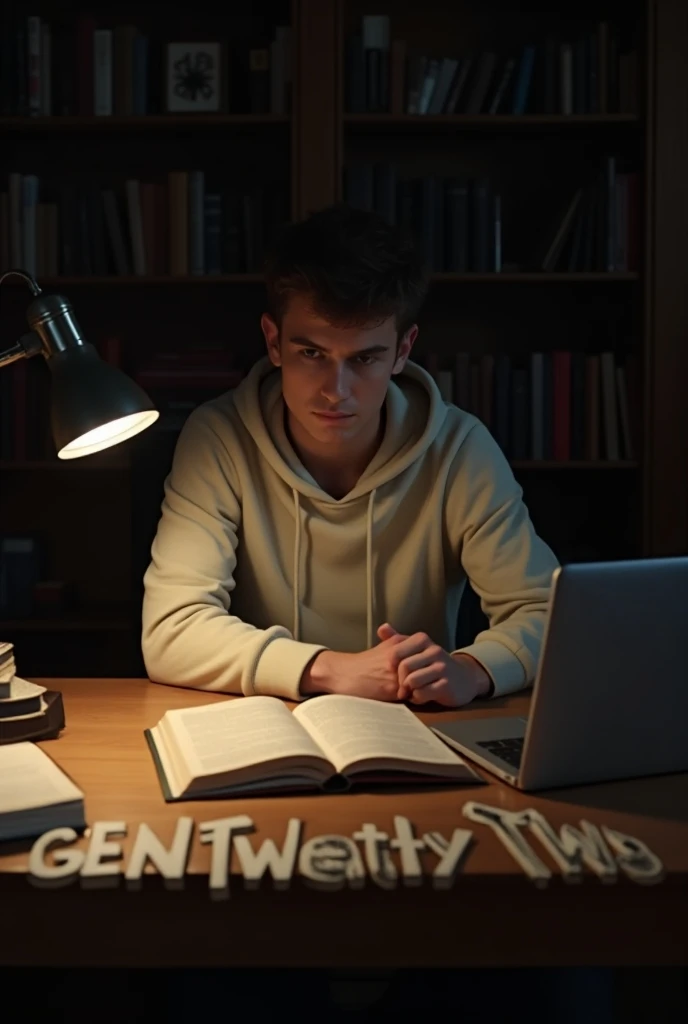 A young man sits at a wooden desk in a dimly lit room, the atmosphere heavy with contemplation. The only source of light is a soft, warm glow from a small desk lamp, casting gentle shadows across the space. He wears a cream-colored hoodie, the fabric sligh...