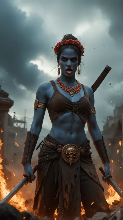 A fierce and powerful image of Kali, the Hindu goddess of destruction and rebirth, standing on a battlefield at the edge of a fiery horizon. Her dark blue skin contrasts sharply with her wild, flowing black hair, which whips around her as she moves. She we...