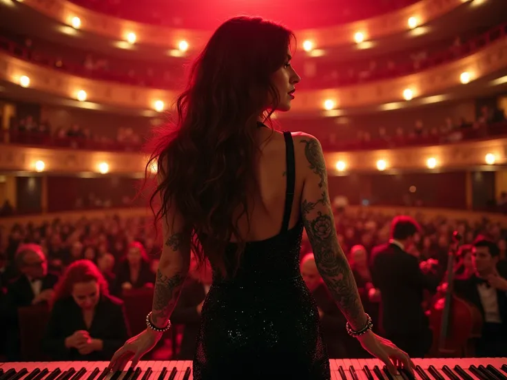 A sultry rockstar woman, surrounded by the grandeur of an opera house, and rock band stands at the keyboard, her fingers dancing across the keys as she performs with the orchestra, blending the raw energy of rock music with the elegance of a symphony, her ...