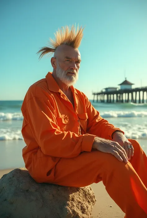 fashion photography,  of a muscular old man as a ((diver)) with ((mohawk hair)) wearing (retro 70s clothes),  dressed in orange prison jumpsuit,  sandy beach,  ocean waves,  clear sky,  pier structure,  sitting down,  legs bent,  hands on knee,  relaxed de...