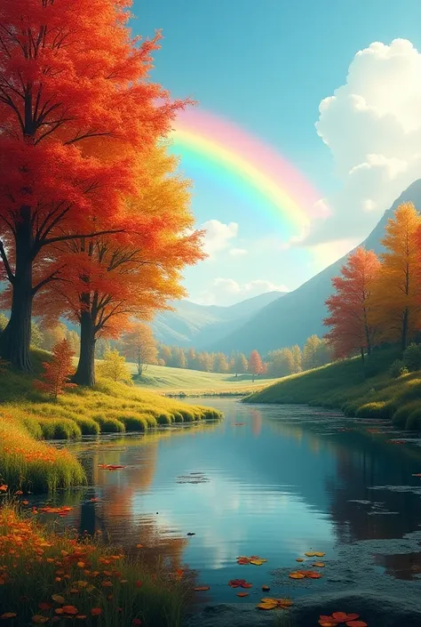 Beautiful landscape with colorful trees with a rainbow 