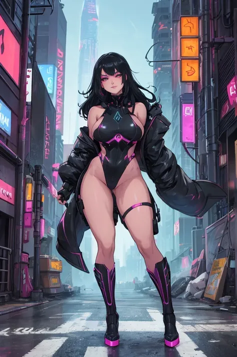 A woman with sleek black hair, wearing a sexy deep neckline outfit in a cyberpunk style, her curves highlighted by glowing neon accents, she stands confidently in the middle of a brightly lit futuristic city, towering skyscrapers and holographic billboards...