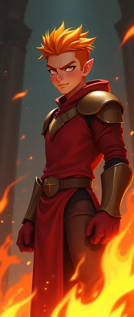 Fully detailed realistic minimalist Disney cartoon style, a rebellious man, teenage adult, he has pointy ears, golden eyes, short fully orange undercut hair, red armor with brown and gold, he is in a combat stance, he is surrounded by fire in a dark room, ...