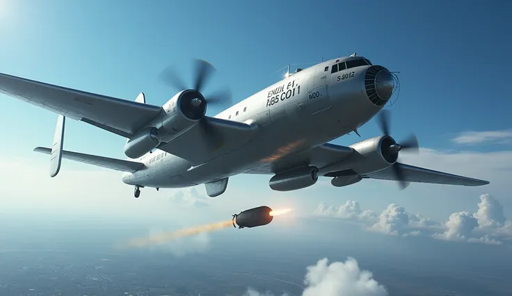 Depict the moment the atomic bomb falls from the B-29 Superfortress, serial number B-2945-MO 44-86292, famously named ‘Enola Gay,’ during its mission over Hiroshima in 1945. The aircraft flies high in the sky, sunlight gleaming off its metallic surface, an...