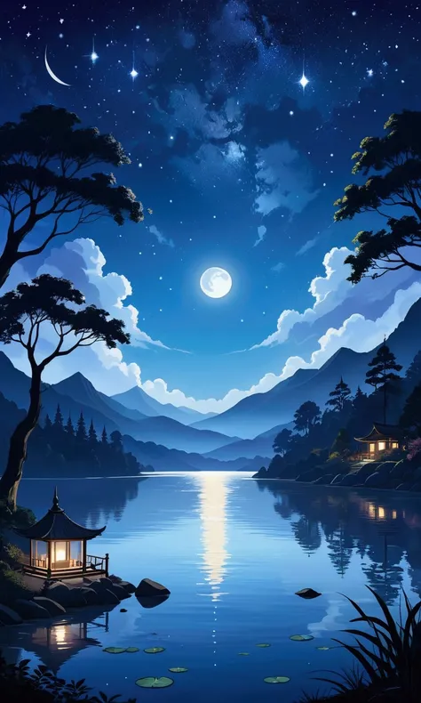 “Create a serene night scene in an anime style. The setting features a crescent moon glowing softly in a dark blue sky filled with twinkling stars. Silhouetted mountains stand tall in the distance, with a calm lake below reflecting the moonlight. Trees wit...