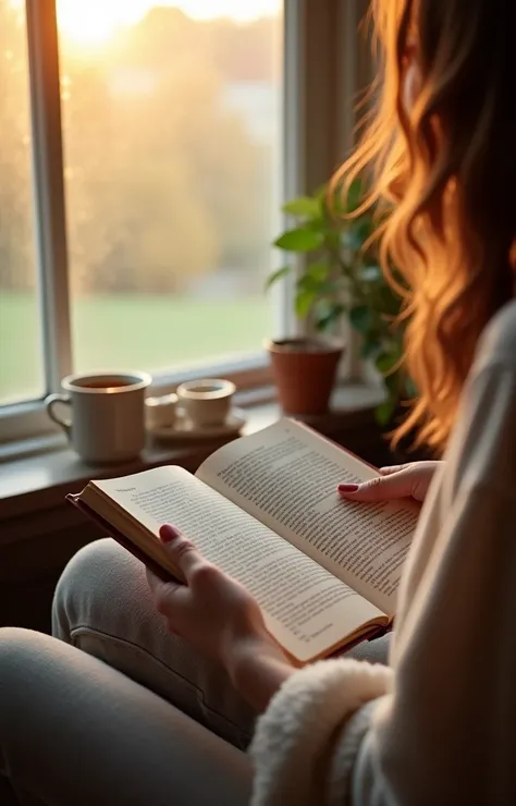 A cozy indoor scene with a person sitting by a window, holding a cup of tea and reading the devotional eBook. Outside the window, the morning light gently fills the room, symbolizing the start of a new day filled with faith and clarity.