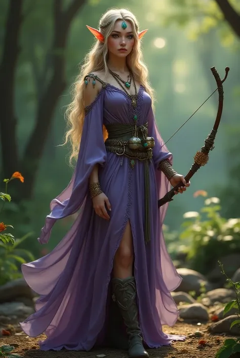 female elf long wavy hair  ,taches des rousseurs , purple and green dress ,a stone necklace on the forehead ,  a necklace flask around her neck ,boots and a bow