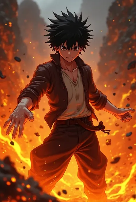 Create a Boku No Hero character, man, pale,  Deku style black hair , Bakugo style black eyes, pelo hasta los hombros, with Quirk de lava 