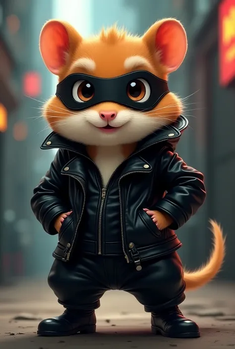 Create an anthropomorphic cartoon character  of a hamster, in black leather clothing,a black hat,black eye mask