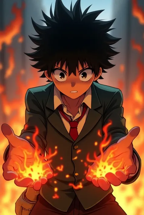 Create a Boku No Hero character, man, pale,  Deku style black hair , Bakugo style black eyes, pelo hasta los hombros, with Quirk de lava , Student suit