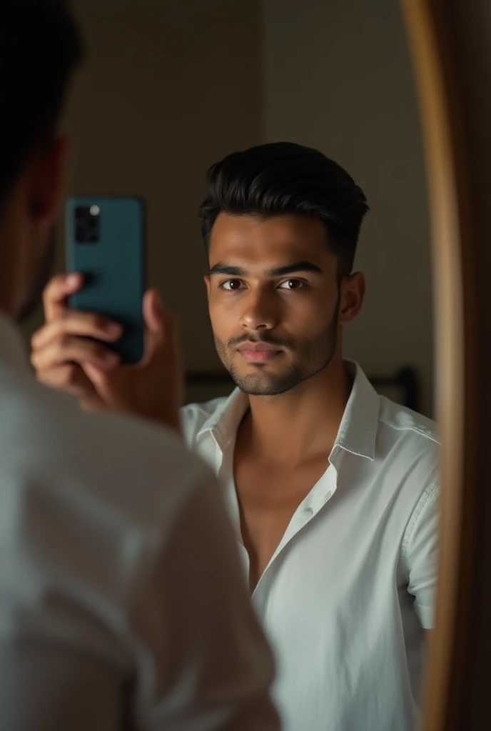 22 year indian beautifull boy taking selfi with the help of smartphone in mirror  ( half body wearing shirt )

