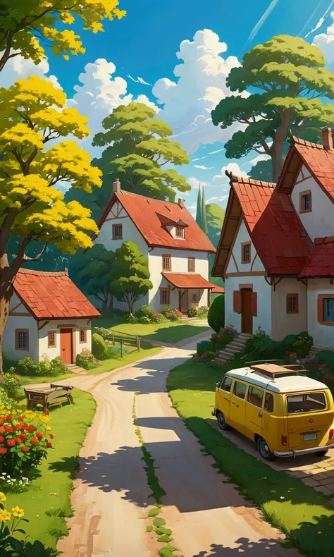 “Create a sunny, anime-style rural landscape with a vintage yellow van parked beside a house with red-tiled roofs. The scene should feature large green trees with yellow flowers and a blue sky filled with fluffy white clouds. The environment should evoke a...