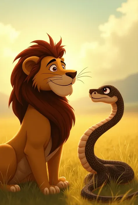 

5. Moral:

Prompt: "An image symbolizing the lesson learned, perhaps with the lion and the snake side by side, both with expressions reflecting mutual respect. The setting should be a serene field in the savanna, with soft light, representing peace and u...