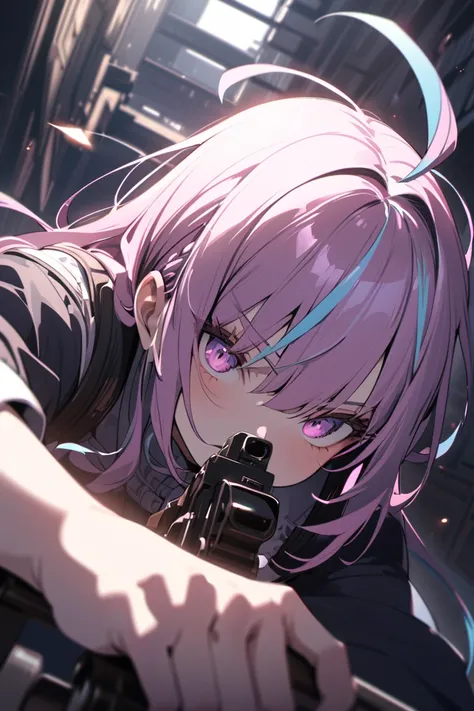 (gun action movie:1.5), sexy, erotic, (1girl, (Minato Aqua:1.5), purple hair, twin tail, ahoge, purple eyes, (hololive))
, 
(Masterpiece: 1.3), best quality,  (Maximum Resolution: 1.2),  ultra-detailed, cinematic, details,  vibrant colors, dramatic lightin...