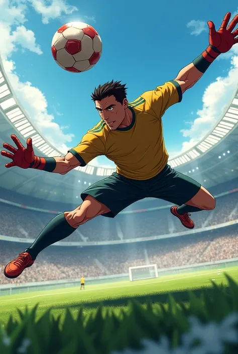 Goalkeeper throwing himself sideways holding an anime-style soccer ball