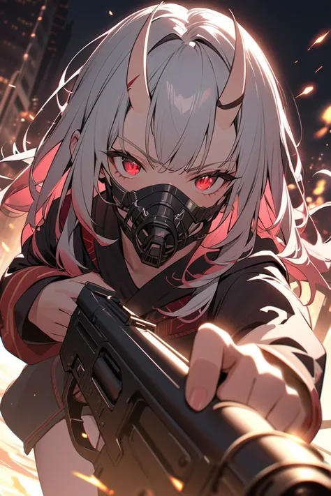 (gun action movie:1.5), sexy, erotic,(1girl, (Nakiri Ayame:1.5), oni horns, multicolor hair, white hair, long hair, red eyes, (hololive))
, 
(Masterpiece: 1.3), best quality,  (Maximum Resolution: 1.2),  ultra-detailed, cinematic, details,  vibrant colors,...