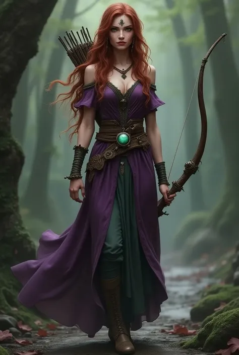 Female elf long wavy mahogany hair ,taches des rousseurs , purple and green dress ,A stone necklace on the forehead ,  a necklace flask around her neck ,Boots and a bow  