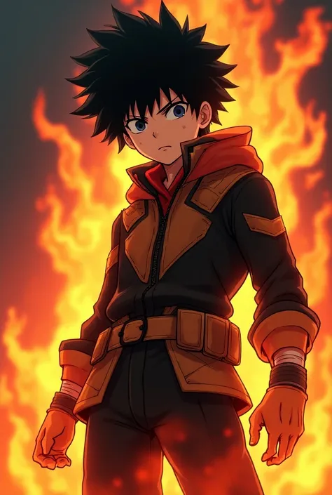 Create a Boku No Hero character, man, pale,  Deku style black hair , Bakugo style black eyes, pelo hasta los hombros, with Quirk de lava , UA 