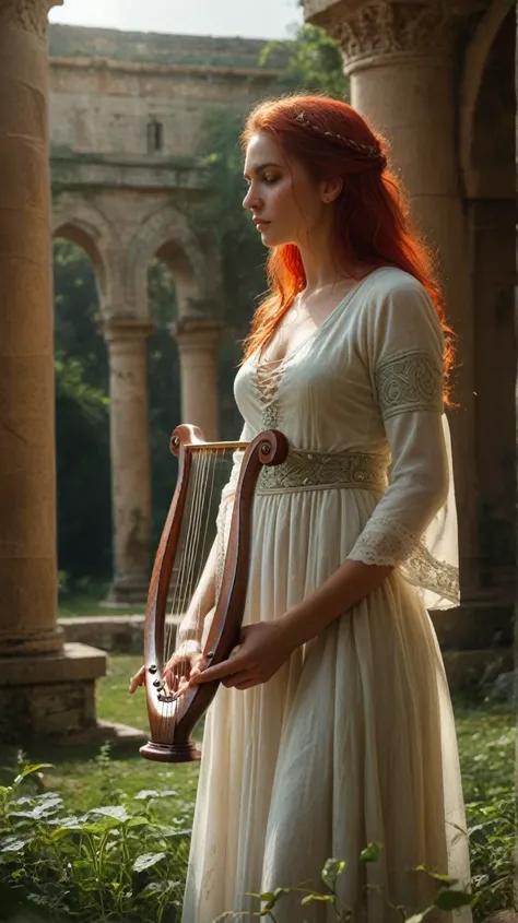 A serene and radiant depiction of Brigid, the Irish goddess of healing, poetry, and fire, standing in a green meadow under a soft morning light. Her long red hair shines like flames in the sunlight, and she wears a simple white dress adorned with silver Ce...