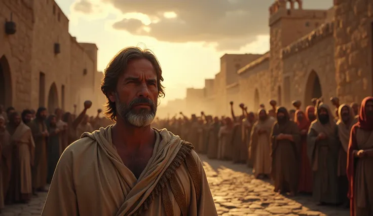 **Prompt:** "Uma cena cinematográfica e realista que captura o momento trágico da morte de Stephen, The first Christian martyr.  The setting is an ancient Middle Eastern city ,  with cobblestone streets and clay buildings . Stephen,  a middle-aged man with...