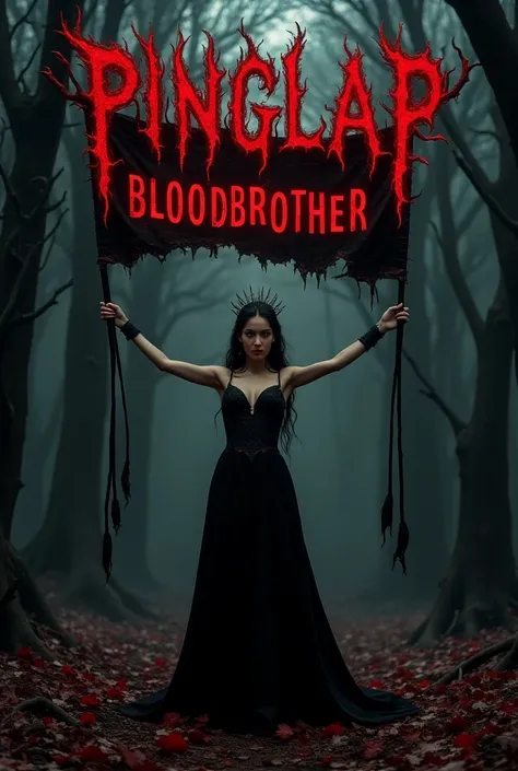 "A striking scene featuring the word PINGLAP in a black metal font with root-like designs, similar to the font used by Lorna Shore, yet distinctly original. The letters are colored in deep red with sharp, twisted edges that convey a sense of darkness. In t...