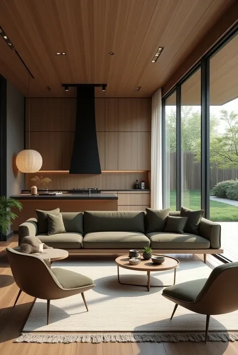 Professional 3D architecture rendering design of modern and minimal and high tech  Japanese design for living room with small garden Japanese in this   Between living room and  kitchen and shiny  dark olive velvet  Japanese Lawson sofa and  two chairs and ...