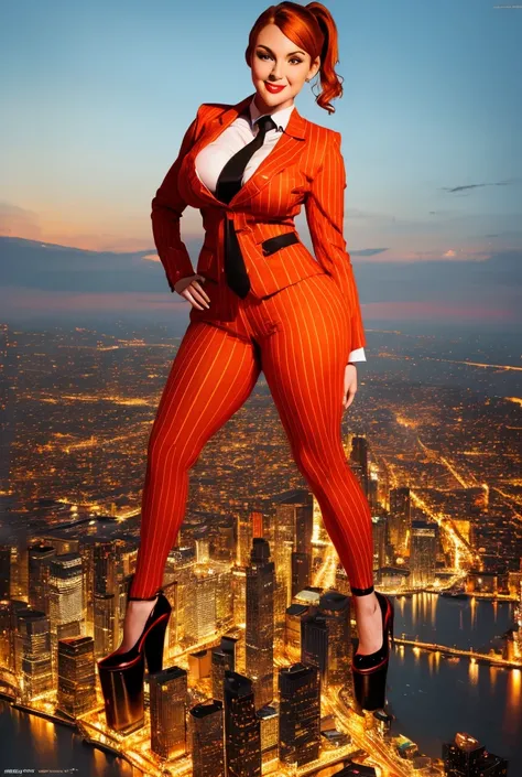 (photorealism:1.2), young , beautiful bbw schoolgirl a massive curvy ginger ponytail red lips wearing a perfect dark orange pinstripe suit with a thick bright orange tie large collar large breasts. Platform high heels , standing, giantess art, highly detai...