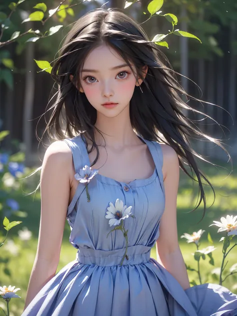 art by Cornflower, dreamy (A petite girl with beautiful and detailed eyes. The depth of field in the photo is perfect, the lens flare adds a nice touch, {{side breast:2}}}, a soaky dress