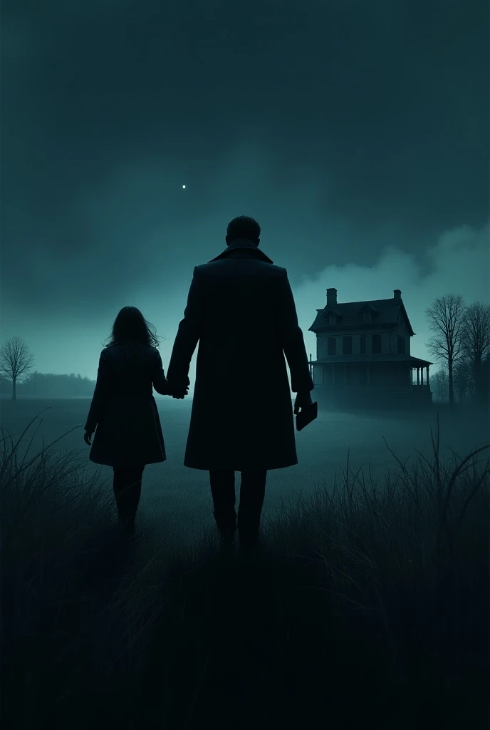 Detective walking away holding the hand of a  he saved, In the background a beautiful but spooky house in an open field at night