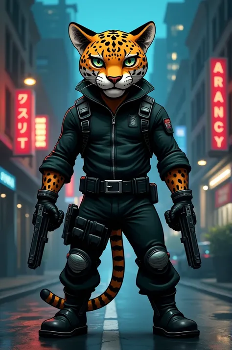 Create an anthropomorphic cartoon character of a jaguar, dressed as a hitman,holding two guns in both hands